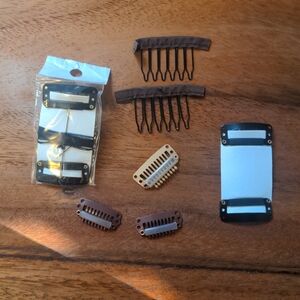 Assorted clips and thread for hair toppers, extensions or wigs